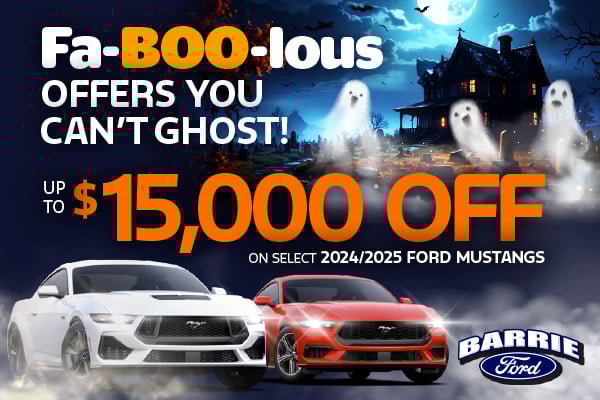 2025-10_BFB_Fa-Boo-lous-OCT_600 × 400_Mustang Halloween-themed graphic with ghosts, a haunted house, and two Ford Mustangs (white and red) parked up front. The text reads “Fa-BOO-lous offers you can’t ghost! Up to $15,000 off on select 2025 Ford Mustangs” with the Barrie Ford logo.